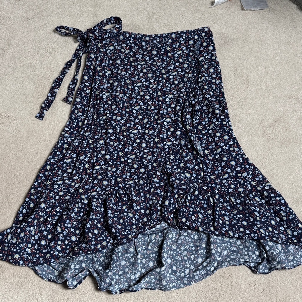 Floral Wrap Navy Midi Skirt